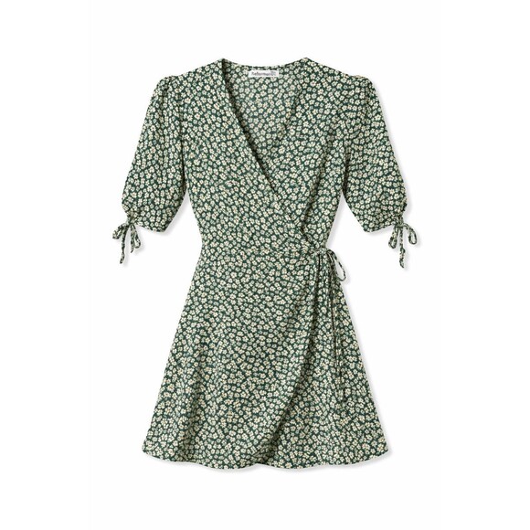 Reformation Green Floral Wrap Mini Dress Size Small Tie Sleeve V-Neck - Picture 2 of 8
